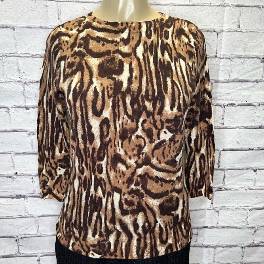 Talbots Womens Tan and Cream 3/4 Sleeve Merino Wool Animal Prints Sweater Small